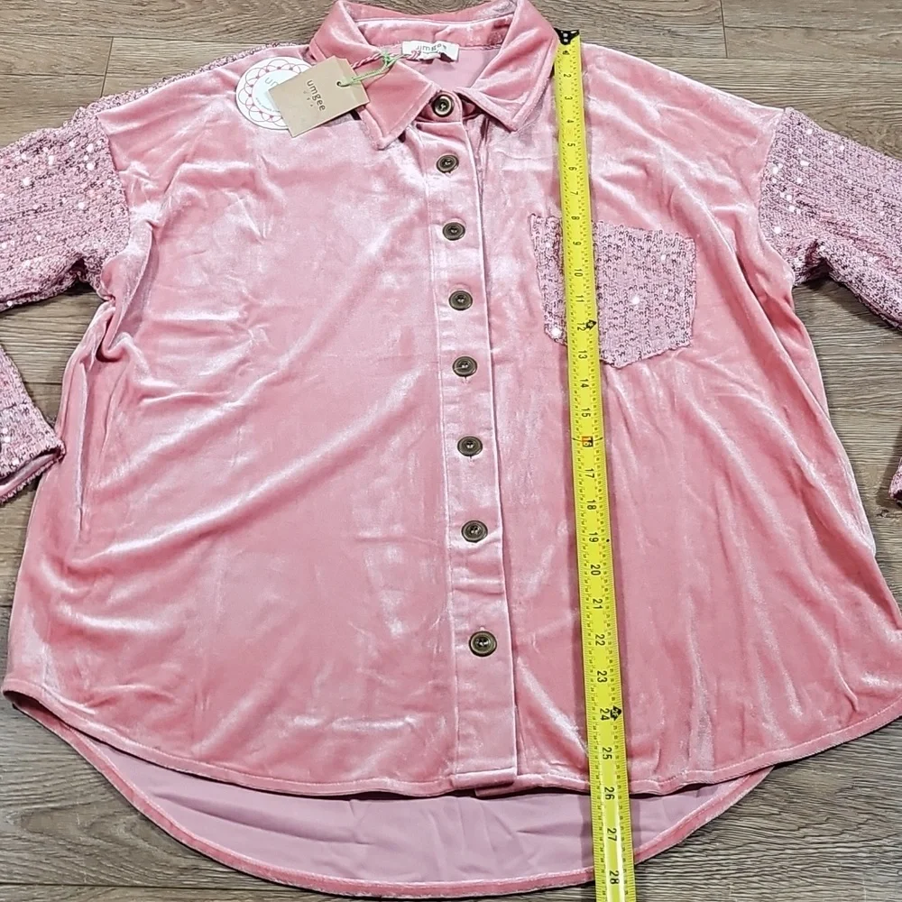 NWT Umgee Rose Pink Velvet Sequin Oversized Long Sleeve Button Down Top Shirt - Picture 16 of 16
